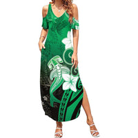 Polynesia Hammerhead Shark Family Matching Summer Maxi Dress and Hawaiian Shirt Green Tribal Pattern With Plumeria LT05 Mom's Dress Green - Polynesian Pride