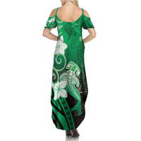 Polynesia Hammerhead Shark Family Matching Summer Maxi Dress and Hawaiian Shirt Green Tribal Pattern With Plumeria LT05 - Polynesian Pride