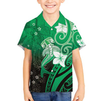 Polynesia Hammerhead Shark Family Matching Summer Maxi Dress and Hawaiian Shirt Green Tribal Pattern With Plumeria LT05 Son's Shirt Green - Polynesian Pride