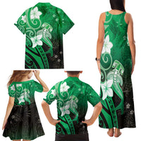 Polynesia Hammerhead Shark Family Matching Tank Maxi Dress and Hawaiian Shirt Green Tribal Pattern With Plumeria LT05 - Polynesian Pride