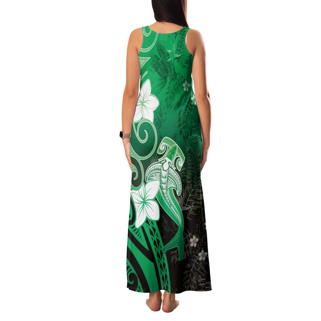 Polynesia Hammerhead Shark Family Matching Tank Maxi Dress and Hawaiian Shirt Green Tribal Pattern With Plumeria LT05 - Polynesian Pride