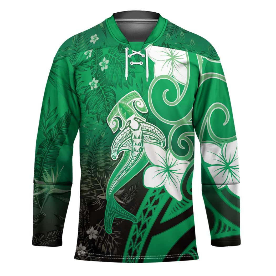 Polynesia Hammerhead Shark Hockey Jersey Green Tribal Pattern With Plumeria LT05 Unisex Green - Polynesian Pride