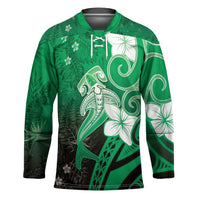 Polynesia Hammerhead Shark Hockey Jersey Green Tribal Pattern With Plumeria LT05 Unisex Green - Polynesian Pride