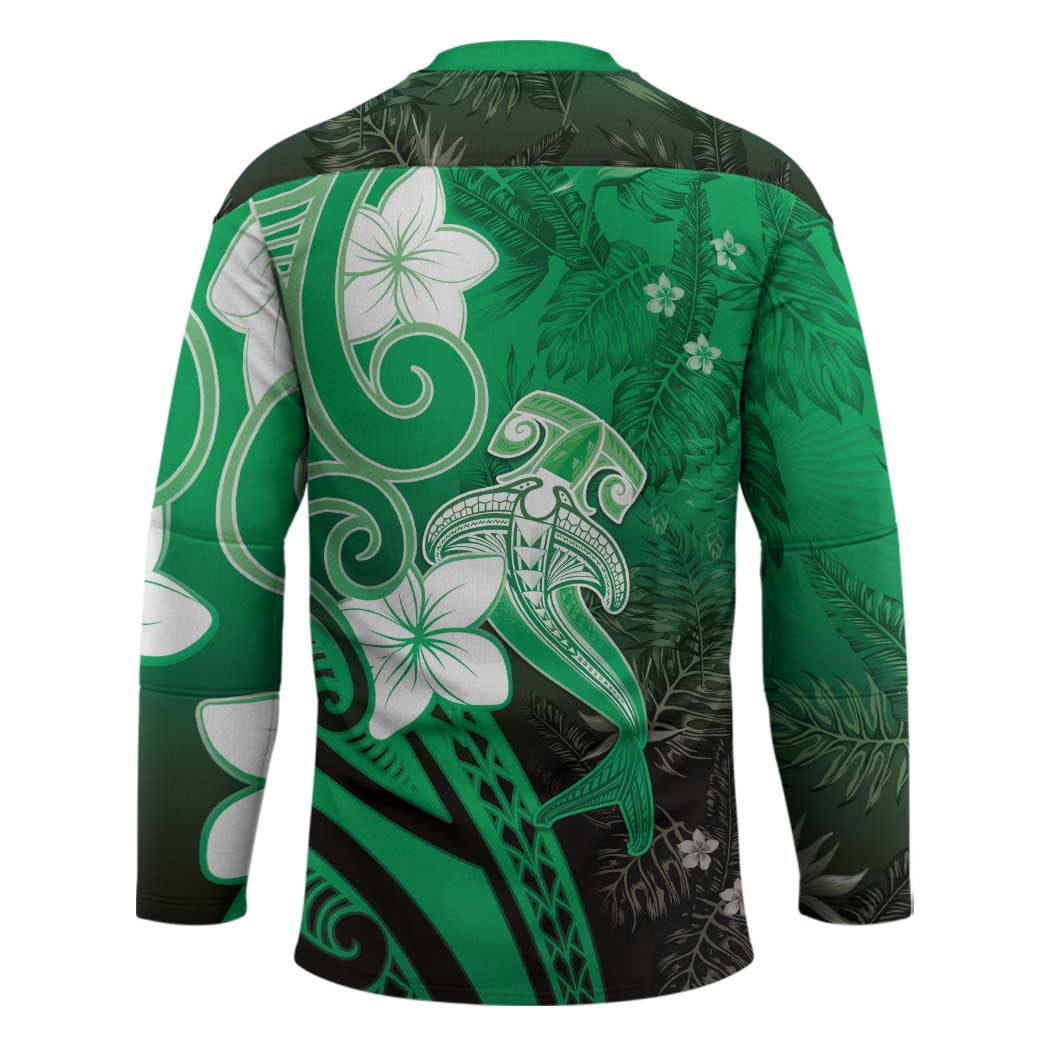 Polynesia Hammerhead Shark Hockey Jersey Green Tribal Pattern With Plumeria LT05 - Polynesian Pride
