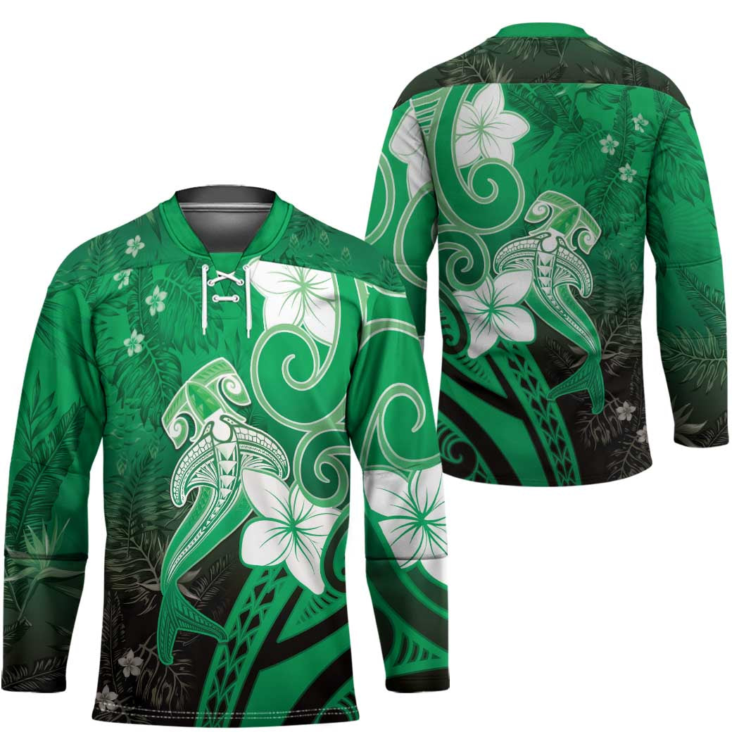 Polynesia Hammerhead Shark Hockey Jersey Green Tribal Pattern With Plumeria LT05 - Polynesian Pride