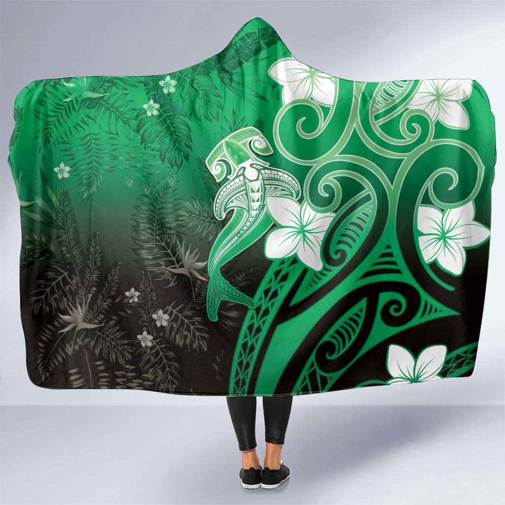 Polynesia Hammerhead Shark Hooded Blanket Green Tribal Pattern With Plumeria - Polynesian Pride