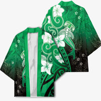 Polynesia Hammerhead Shark Kimono Green Tribal Pattern With Plumeria - Polynesian Pride