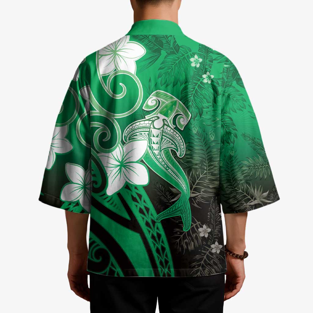 Polynesia Hammerhead Shark Kimono Green Tribal Pattern With Plumeria - Polynesian Pride