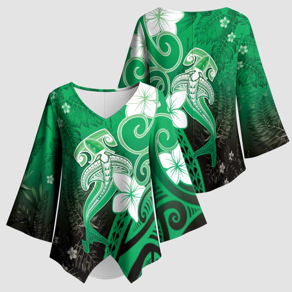 Polynesia Hammerhead Shark Kimono Sleeve Blouse Green Tribal Pattern With Plumeria - Polynesian Pride