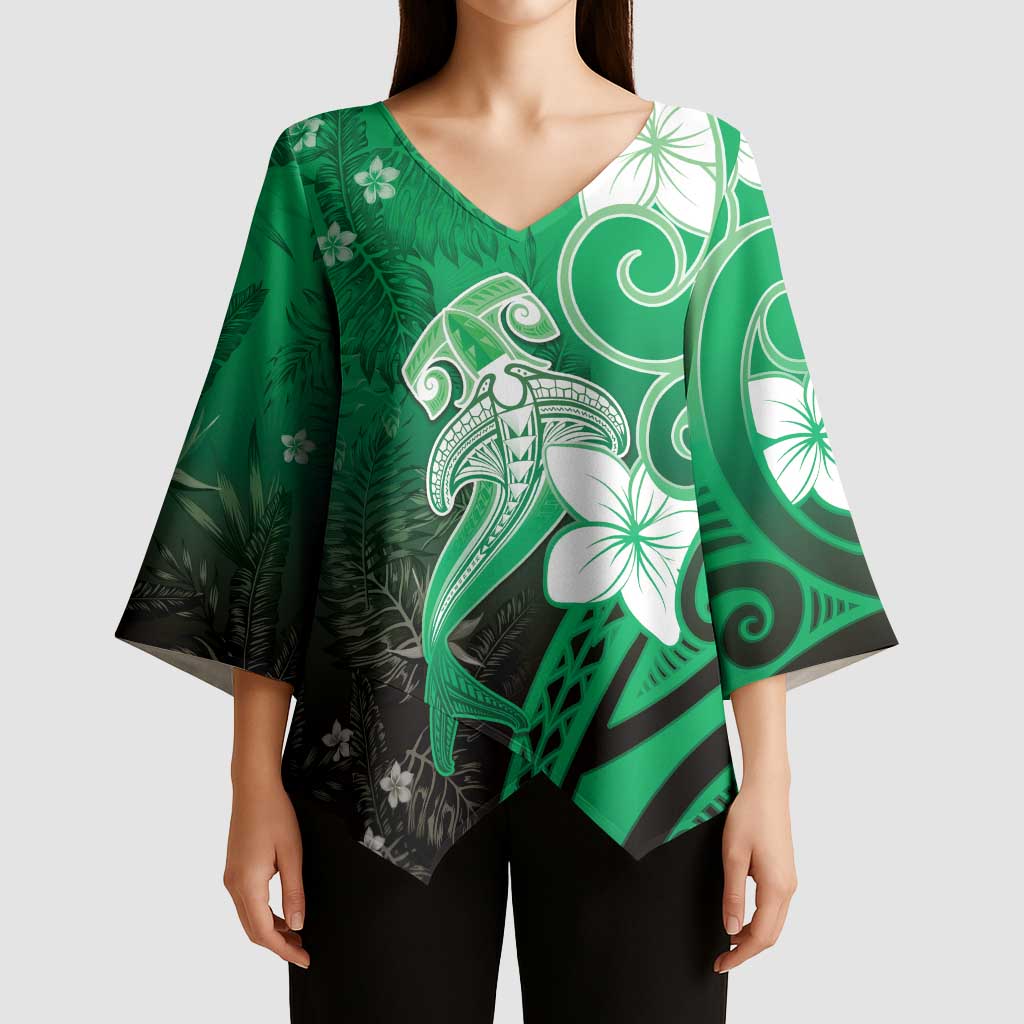 Polynesia Hammerhead Shark Kimono Sleeve Blouse Green Tribal Pattern With Plumeria - Polynesian Pride
