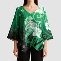 Polynesia Hammerhead Shark Kimono Sleeve Blouse Green Tribal Pattern With Plumeria - Polynesian Pride