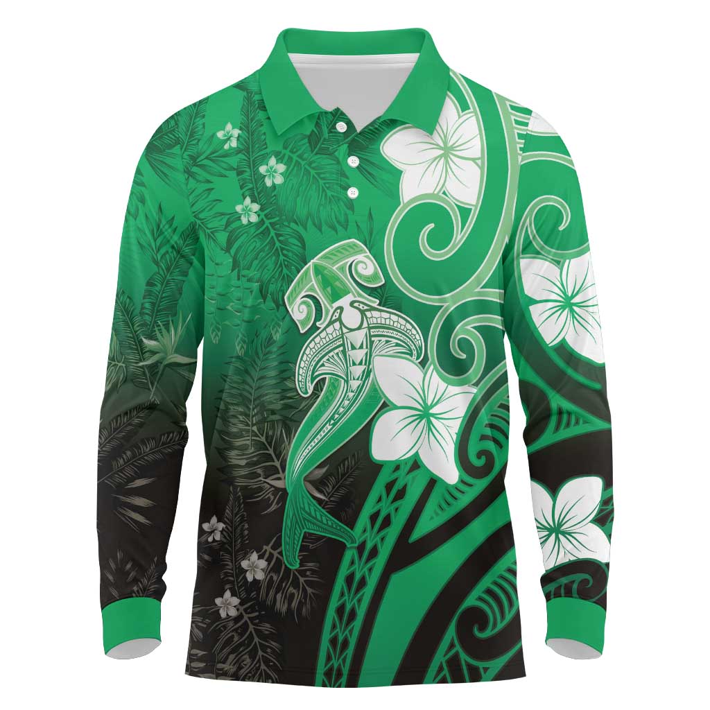 Polynesia Hammerhead Shark Long Sleeve Polo Shirt Green Tribal Pattern With Plumeria LT05 Green - Polynesian Pride