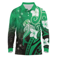 Polynesia Hammerhead Shark Long Sleeve Polo Shirt Green Tribal Pattern With Plumeria LT05 Green - Polynesian Pride