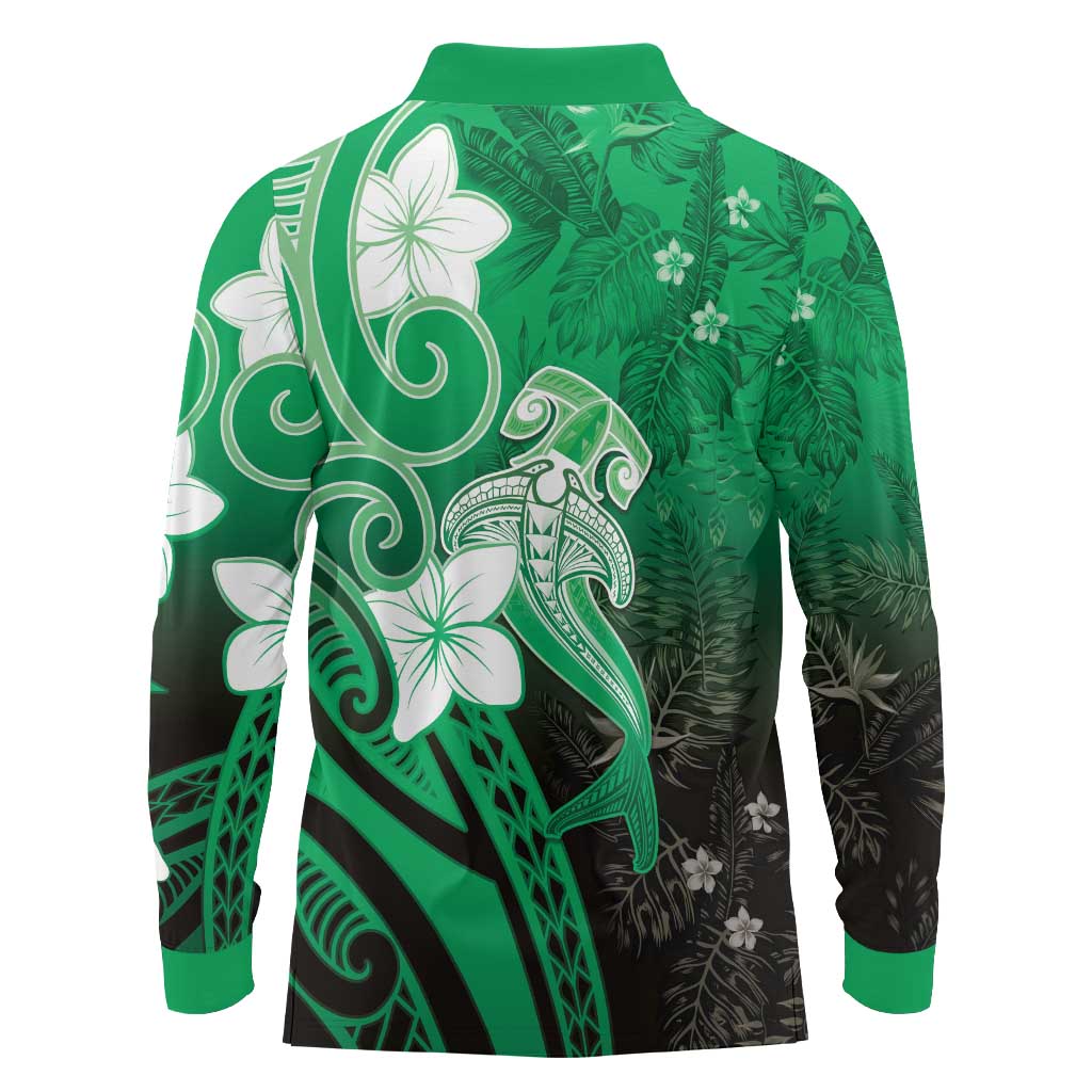 Polynesia Hammerhead Shark Long Sleeve Polo Shirt Green Tribal Pattern With Plumeria LT05 - Polynesian Pride