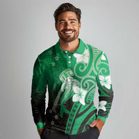 Polynesia Hammerhead Shark Long Sleeve Polo Shirt Green Tribal Pattern With Plumeria LT05 - Polynesian Pride