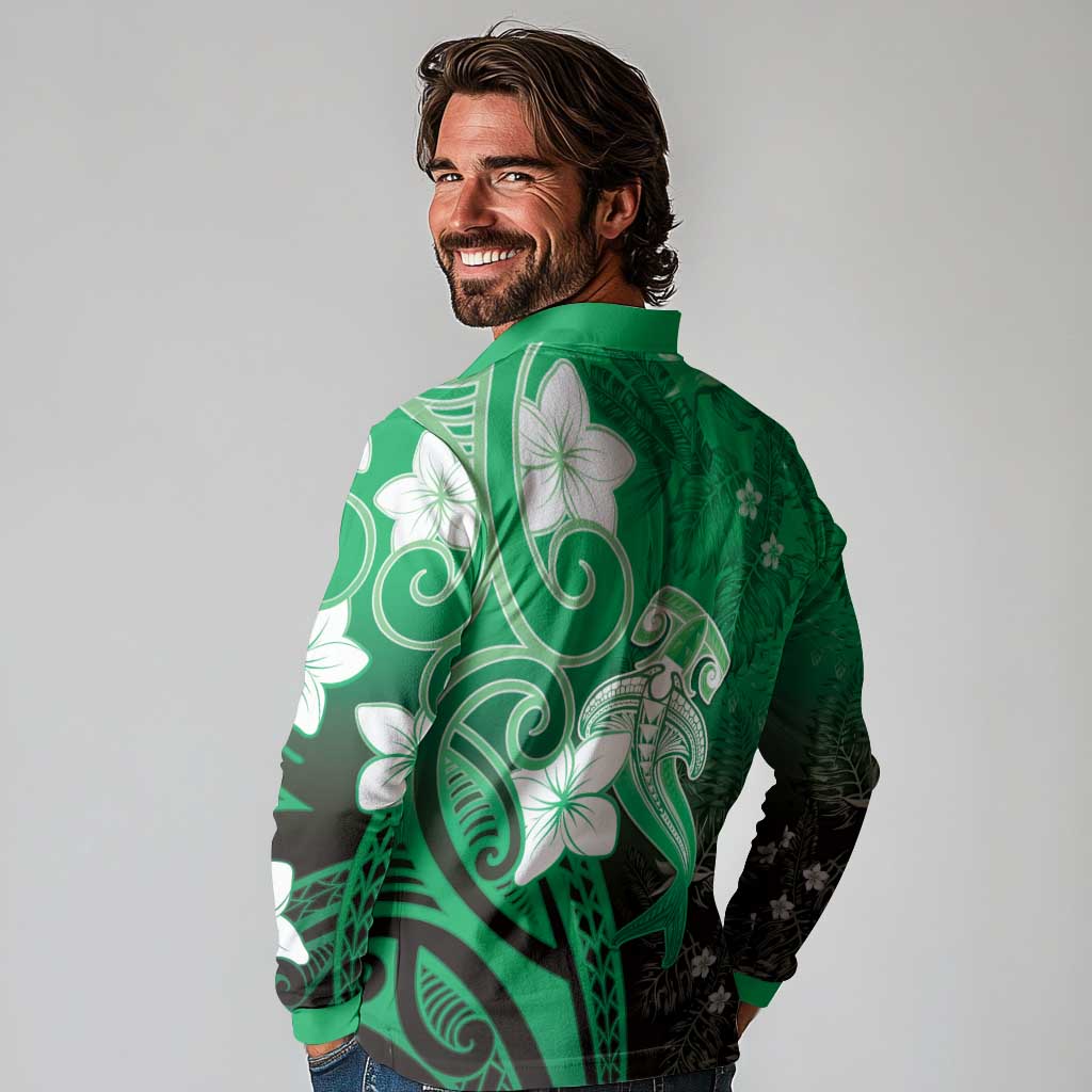 Polynesia Hammerhead Shark Long Sleeve Polo Shirt Green Tribal Pattern With Plumeria LT05 - Polynesian Pride