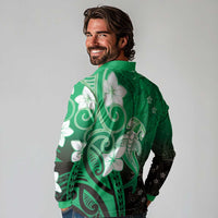 Polynesia Hammerhead Shark Long Sleeve Polo Shirt Green Tribal Pattern With Plumeria LT05 - Polynesian Pride