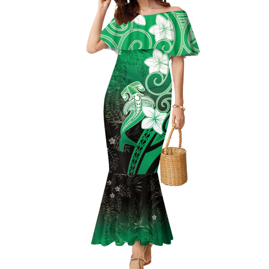 Polynesia Hammerhead Shark Mermaid Dress Green Tribal Pattern With Plumeria LT05 Women Green - Polynesian Pride