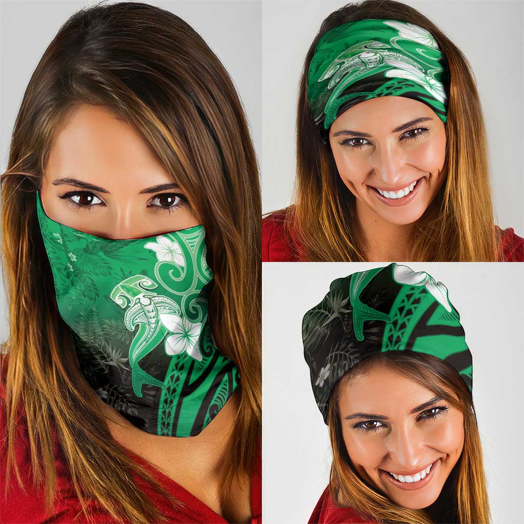 Polynesia Hammerhead Shark Neck Gaiter Green Tribal Pattern With Plumeria - Polynesian Pride