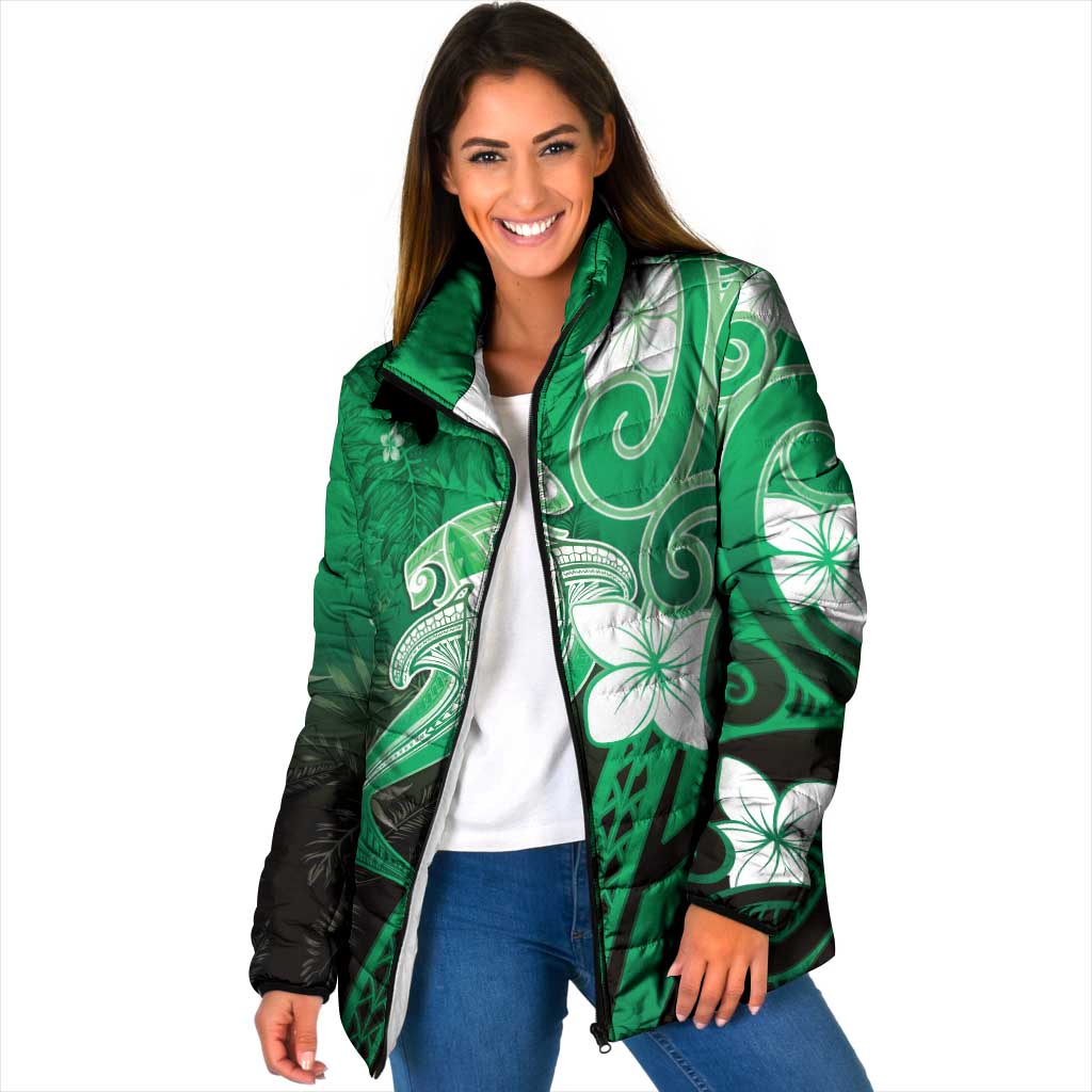 Polynesia Hammerhead Shark Padded Jacket Green Tribal Pattern With Plumeria - Polynesian Pride