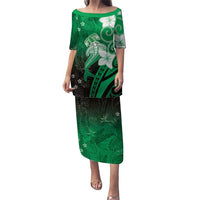 Polynesia Hammerhead Shark Puletasi Green Tribal Pattern With Plumeria - Polynesian Pride