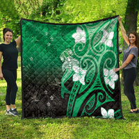Polynesia Hammerhead Shark Quilt Green Tribal Pattern With Plumeria - Polynesian Pride