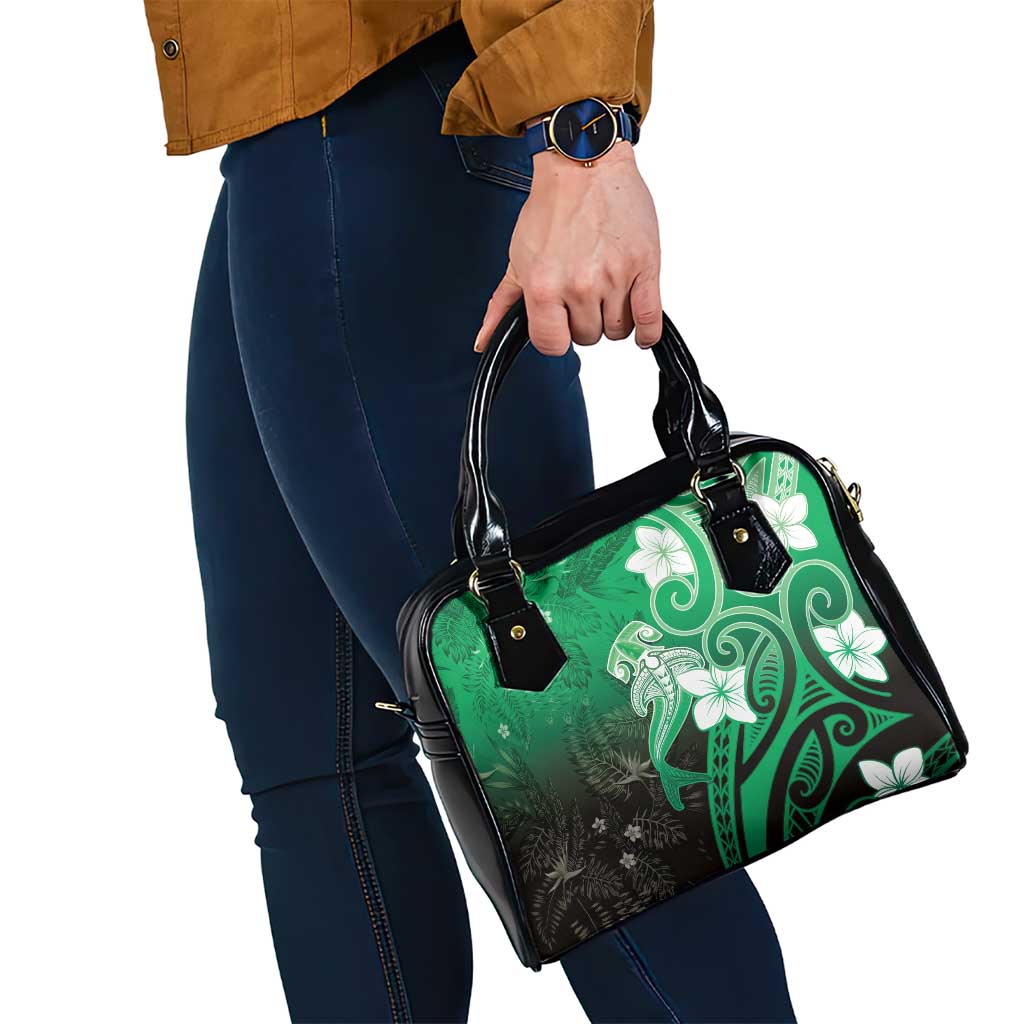 Polynesia Hammerhead Shark Shoulder Handbag Green Tribal Pattern With Plumeria - Polynesian Pride
