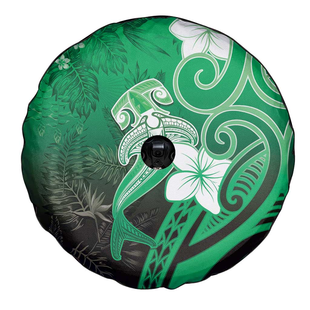 Polynesia Hammerhead Shark Spare Tire Cover Green Tribal Pattern With Plumeria - Polynesian Pride