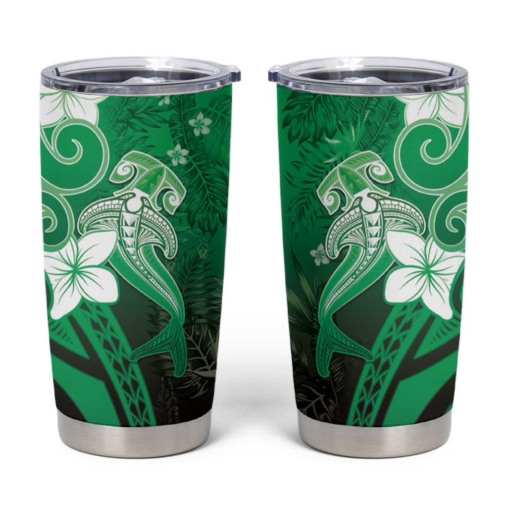 Polynesia Hammerhead Shark Tumbler Cup Green Tribal Pattern With Plumeria LT05 Green - Polynesian Pride