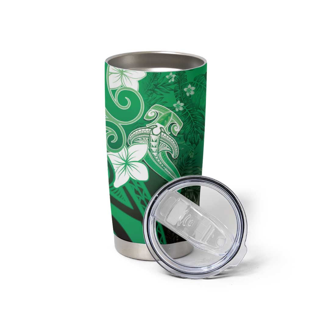 Polynesia Hammerhead Shark Tumbler Cup Green Tribal Pattern With Plumeria LT05 - Polynesian Pride