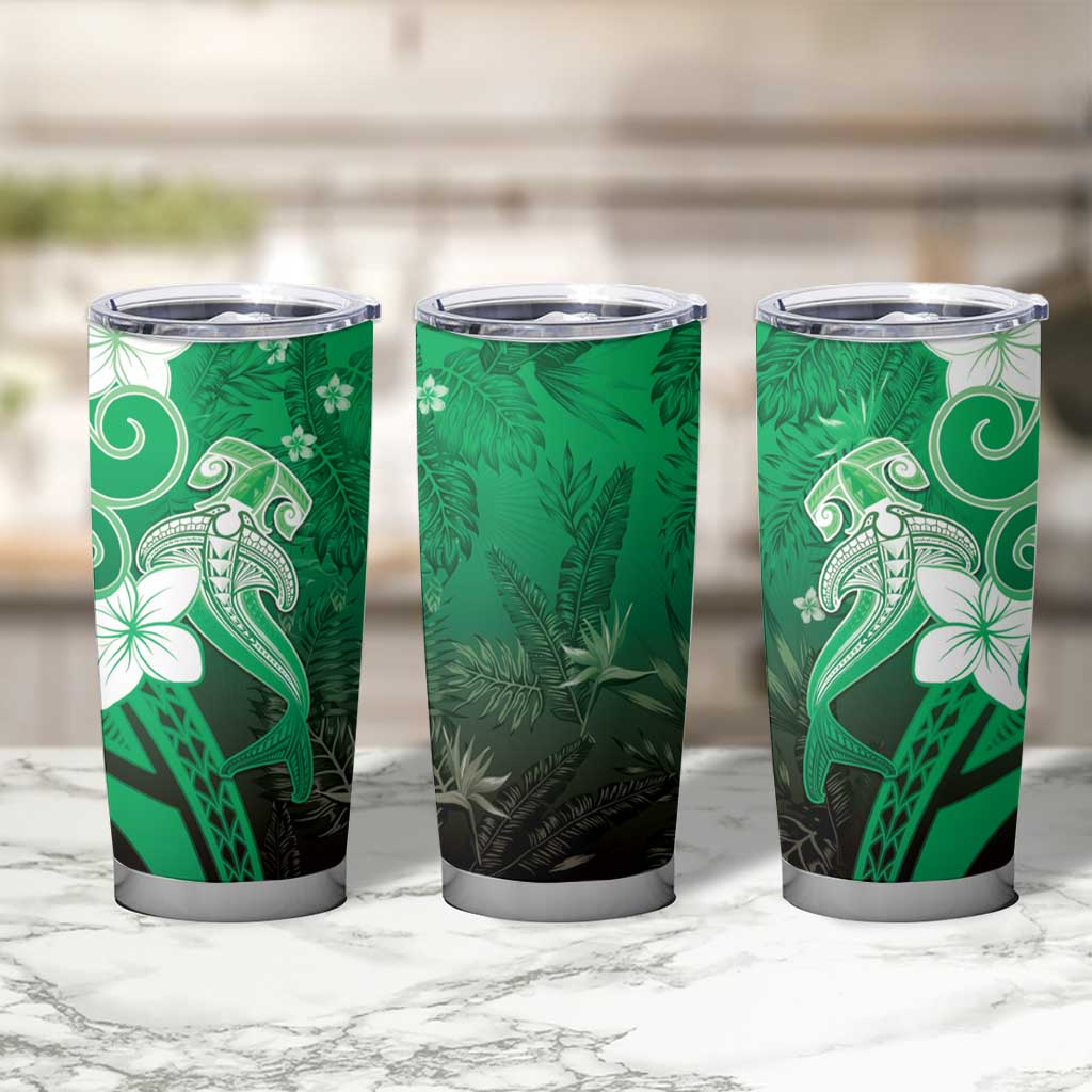 Polynesia Hammerhead Shark Tumbler Cup Green Tribal Pattern With Plumeria LT05 - Polynesian Pride
