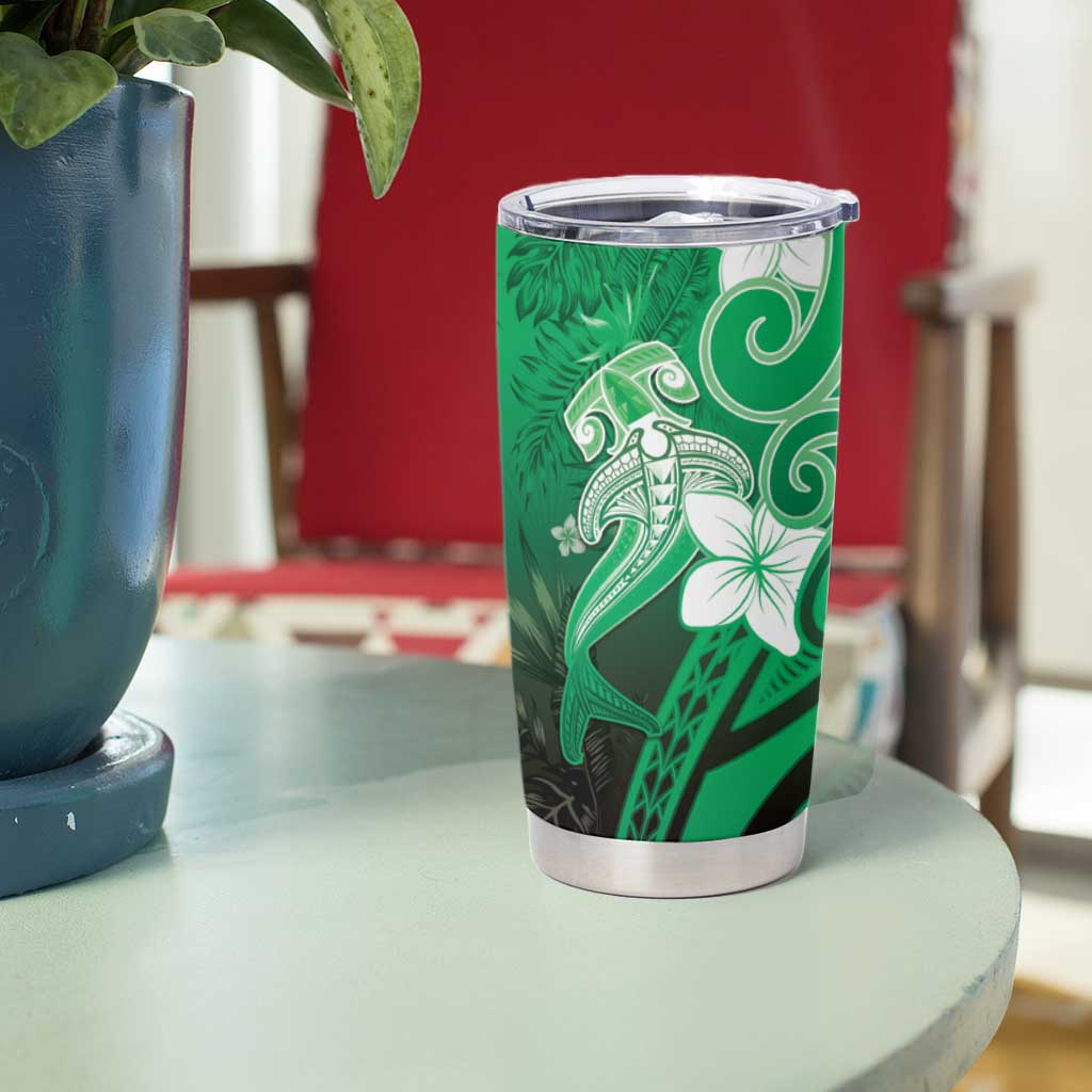 Polynesia Hammerhead Shark Tumbler Cup Green Tribal Pattern With Plumeria LT05 - Polynesian Pride