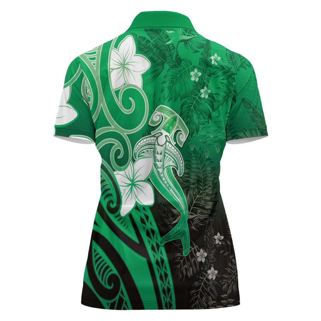 Polynesia Hammerhead Shark Women Polo Shirt Green Tribal Pattern With Plumeria - Polynesian Pride