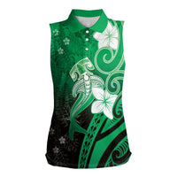 Polynesia Hammerhead Shark Women Sleeveless Polo Shirt Green Tribal Pattern With Plumeria LT05 Female Green - Polynesian Pride