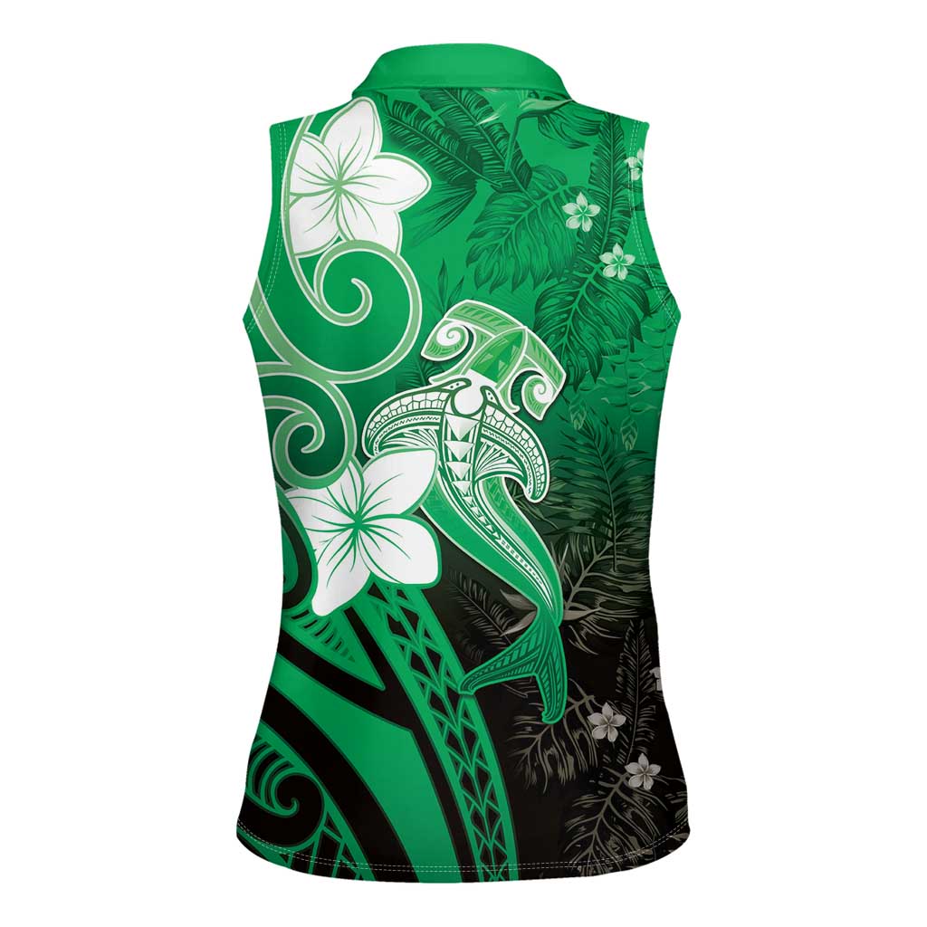 Polynesia Hammerhead Shark Women Sleeveless Polo Shirt Green Tribal Pattern With Plumeria LT05 - Polynesian Pride
