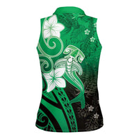 Polynesia Hammerhead Shark Women Sleeveless Polo Shirt Green Tribal Pattern With Plumeria LT05 - Polynesian Pride
