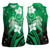 Polynesia Hammerhead Shark Women Sleeveless Polo Shirt Green Tribal Pattern With Plumeria LT05 - Polynesian Pride