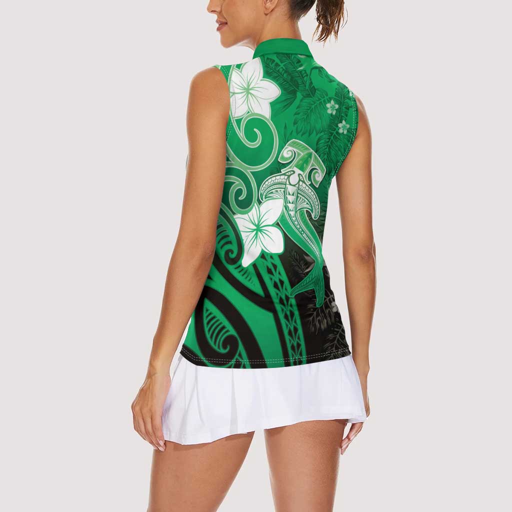 Polynesia Hammerhead Shark Women Sleeveless Polo Shirt Green Tribal Pattern With Plumeria LT05 - Polynesian Pride