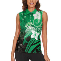 Polynesia Hammerhead Shark Women Sleeveless Polo Shirt Green Tribal Pattern With Plumeria LT05 - Polynesian Pride
