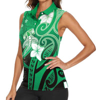 Polynesia Hammerhead Shark Women Sleeveless Polo Shirt Green Tribal Pattern With Plumeria LT05 - Polynesian Pride