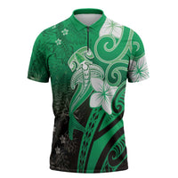 Polynesia Hammerhead Shark Zipper Polo Shirt Green Tribal Pattern With Plumeria - Polynesian Pride