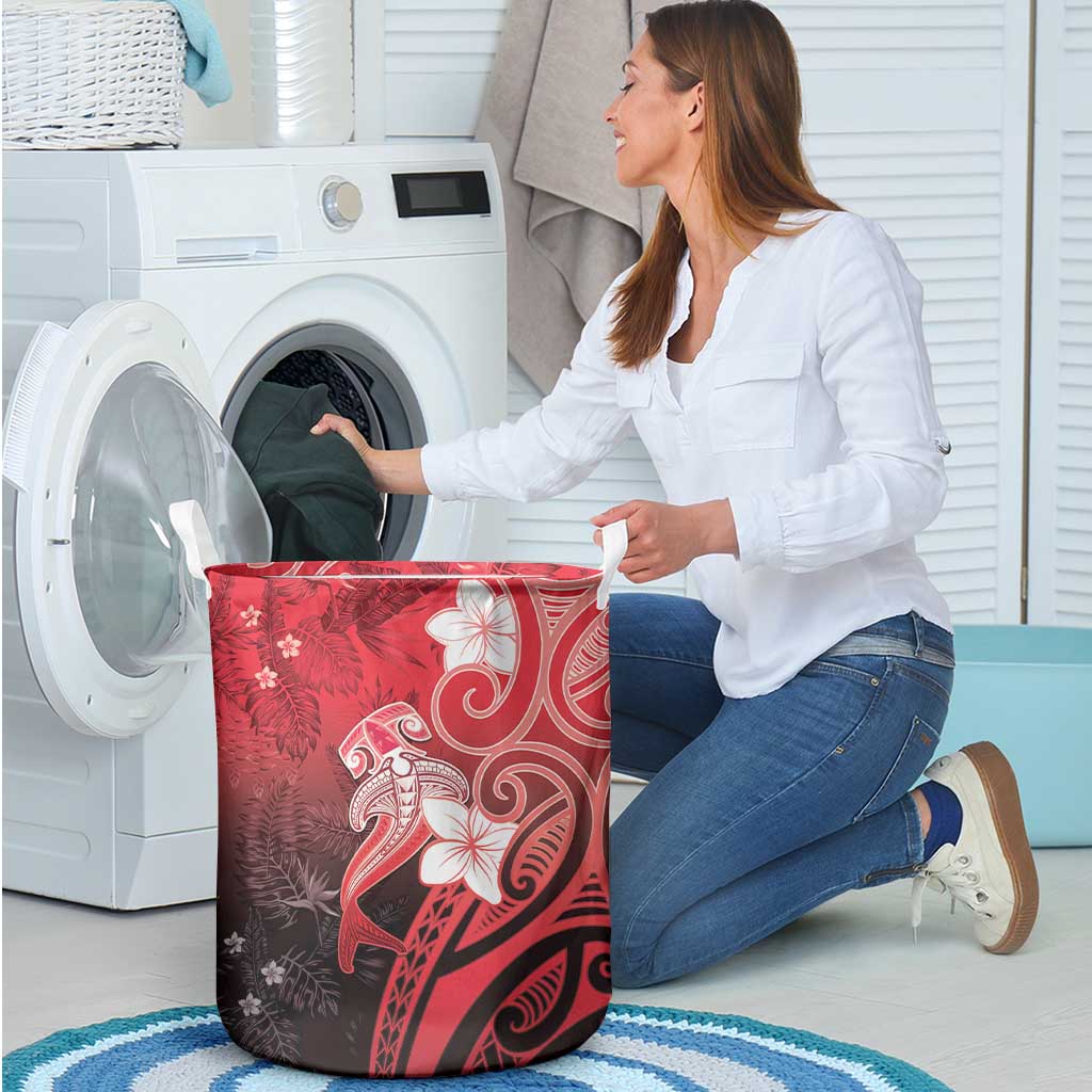 Polynesia Hammerhead Shark Laundry Basket Red Tribal Pattern With Plumeria - Polynesian Pride