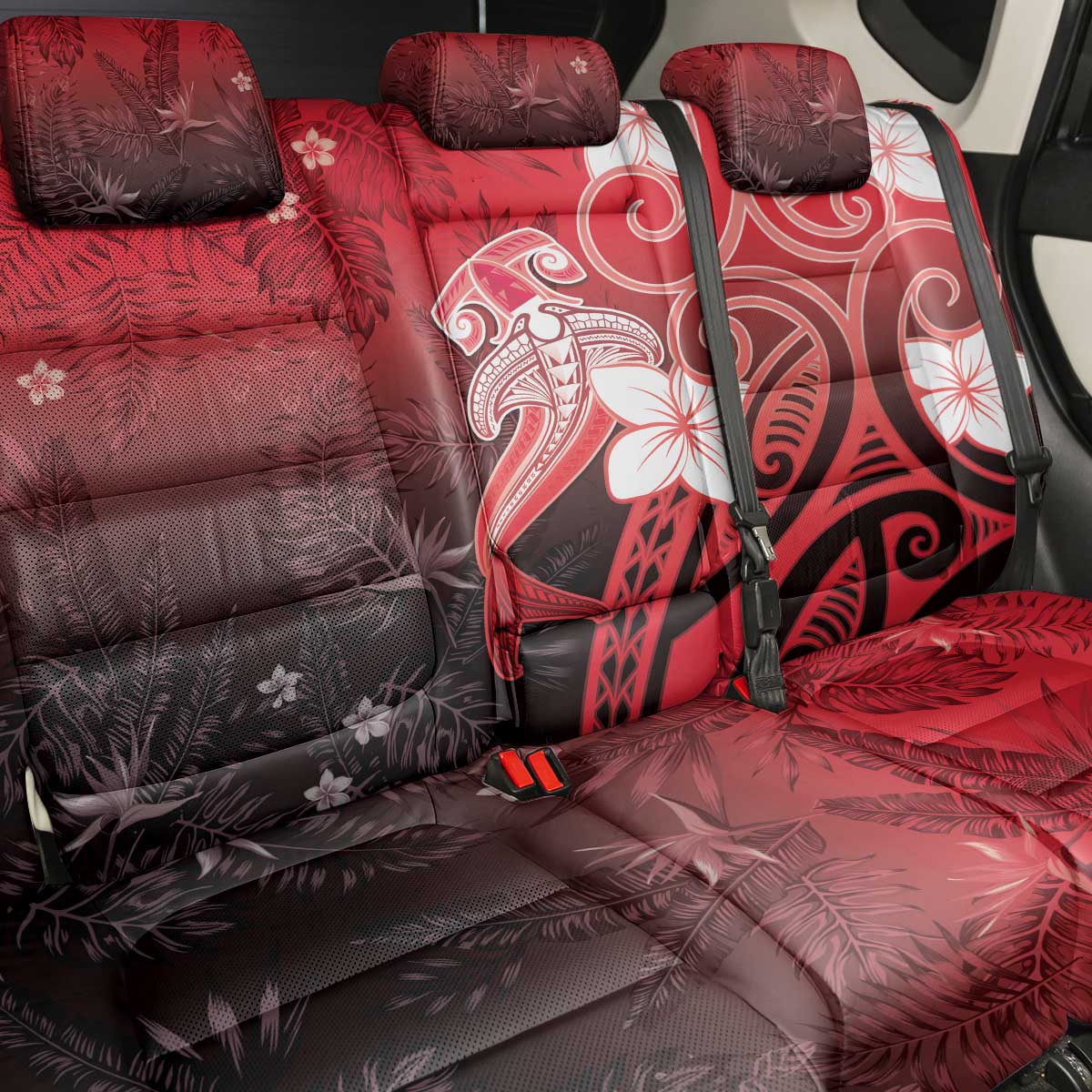 Polynesia Hammerhead Shark Back Car Seat Cover Red Tribal Pattern With Plumeria - Polynesian Pride