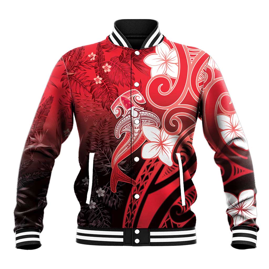 Polynesia Hammerhead Shark Baseball Jacket Red Tribal Pattern With Plumeria - Polynesian Pride