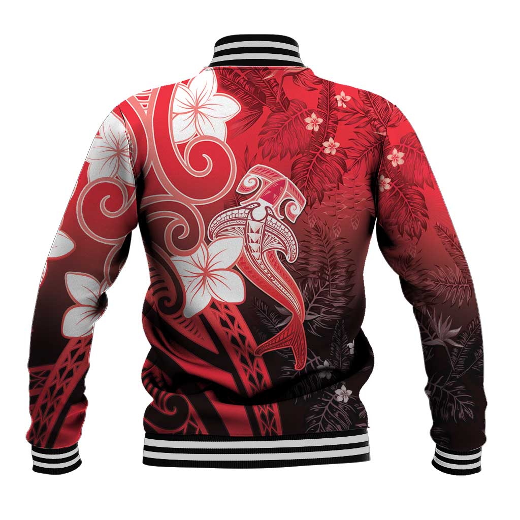 Polynesia Hammerhead Shark Baseball Jacket Red Tribal Pattern With Plumeria - Polynesian Pride