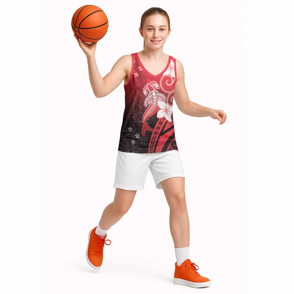Polynesia Hammerhead Shark Basketball Jersey Red Tribal Pattern With Plumeria - Polynesian Pride