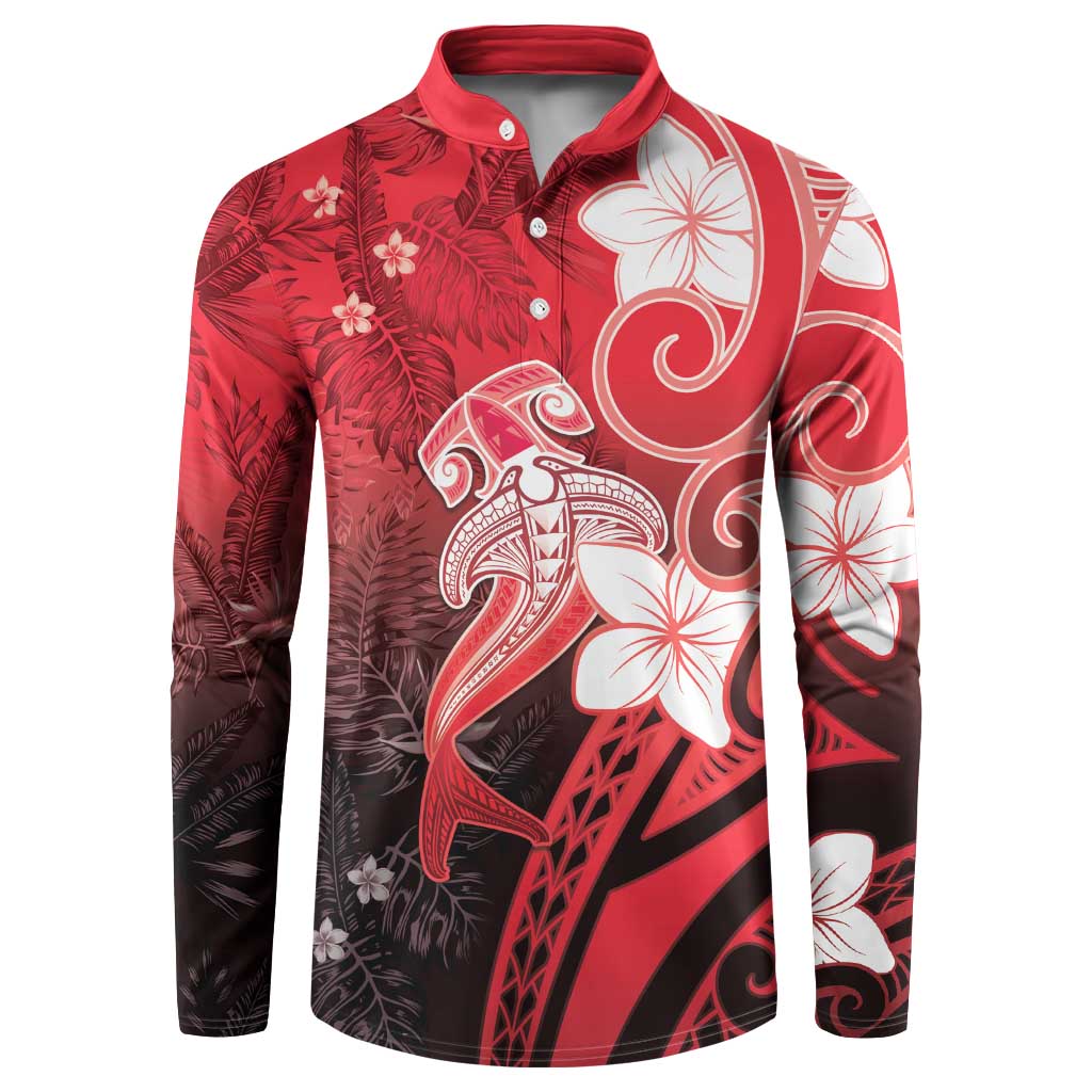 Polynesia Hammerhead Shark Button Sweatshirt Red Tribal Pattern With Plumeria - Polynesian Pride