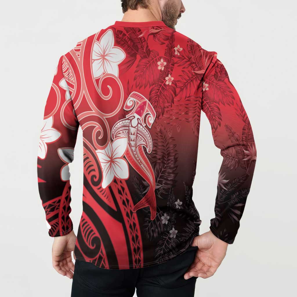 Polynesia Hammerhead Shark Button Sweatshirt Red Tribal Pattern With Plumeria - Polynesian Pride
