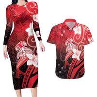 Polynesia Hammerhead Shark Couples Matching Long Sleeve Bodycon Dress and Hawaiian Shirt Red Tribal Pattern With Plumeria - Polynesian Pride