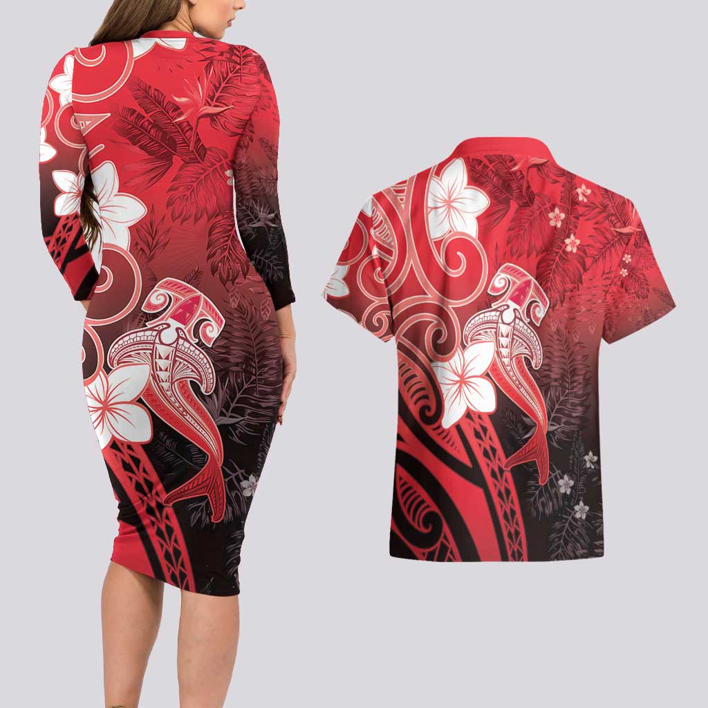 Polynesia Hammerhead Shark Couples Matching Long Sleeve Bodycon Dress and Hawaiian Shirt Red Tribal Pattern With Plumeria - Polynesian Pride